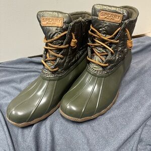 Sperry Olive and Tan Duck Boots